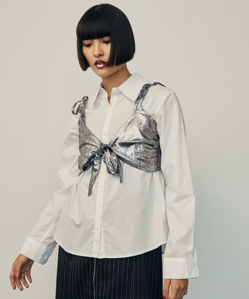 uyu.(ウユ)の「Ribbon Bustier Layered Blouse / リボンビスチェ レイヤードブラウス【uyu./ウユ】(キャミソール・レディース・ブルー/ホワイト・FREE)」の3枚目の写真