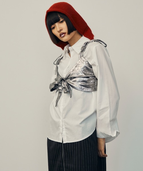 uyu.(ウユ)の「Ribbon Bustier Layered Blouse / リボンビスチェ レイヤードブラウス【uyu./ウユ】(キャミソール・レディース・ブルー/ホワイト・FREE)」の4枚目の写真