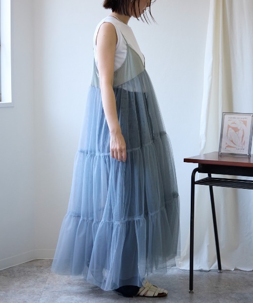 TRIANGLE PALETTE（トライアングルパレット）の「チュール切り替えレイヤードワンピース（ワンピース・レディース・ブラック/オフホワイト/グレー系・FREE）」の13枚目の写真
