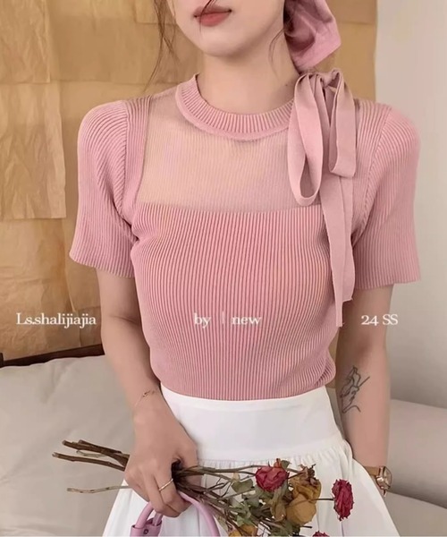SPIGA（スピーガ）の「胸切替ﾘﾎﾞﾝﾓﾁｰﾌ半袖ﾄｯﾌﾟｽ（ニット/セーター・レディース・ブラック/ホワイト/ピンク・FREE）」の17枚目の写真