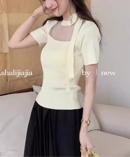 SPIGA（スピーガ）の「胸切替ﾘﾎﾞﾝﾓﾁｰﾌ半袖ﾄｯﾌﾟｽ（ニット/セーター・レディース・ブラック/ホワイト/ピンク・FREE）」の12枚目の写真