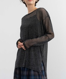 【refinedworks】トレンドのラメメッシュ生地のクルーネックトップス