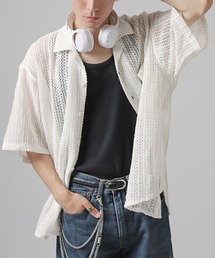 透かし編みメッシュ開襟半袖シアーシャツ