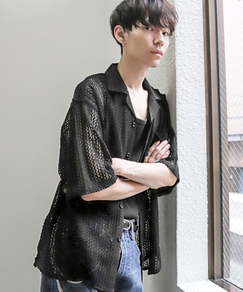 LUXSTYLE(ラグスタイル)の「透かし編みメッシュ開襟半袖シアーシャツ(シャツ/ブラウス・メンズ・ホワイト/ブラック・FREE)」の5枚目の写真