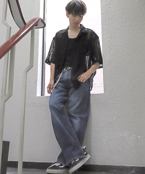 LUXSTYLE(ラグスタイル)の「透かし編みメッシュ開襟半袖シアーシャツ(シャツ/ブラウス・メンズ・ホワイト/ブラック・FREE)」の6枚目の写真