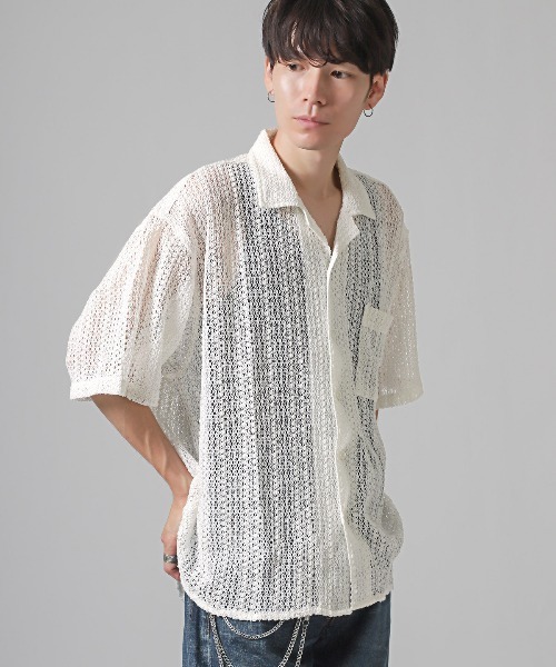 セール】透かし編みメッシュ開襟半袖シアーシャツ（シャツ