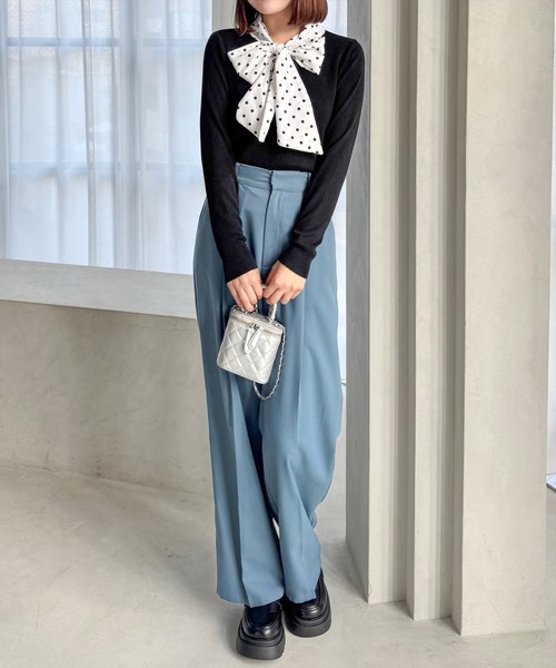 ドゥロワー ボウタイ ニット リボン トップス ネイビー セール】ボウタイドットリボンドッキングニットトップス [大人