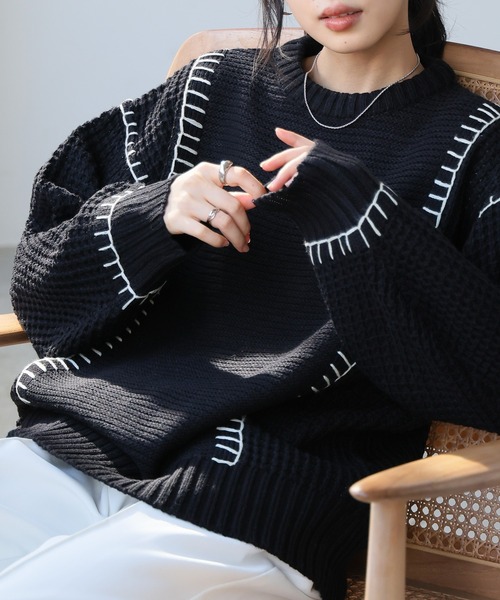 セール】配色ステッチざっくり編みブランケットニット（ニット