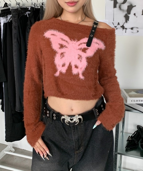 lilful(リルフル)の「ベルト付き バタフライモチーフ ワンショルダー ショート丈 ダメージ加工シャギーニット(ニット/セーター・レディース・ブラウン/ブラック・F)」の14枚目の写真