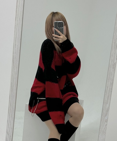 SILVER BULLET（シルバーバレット）の「『PSYCHO NATION/サイコネーション』ダメージボーダークルーニット【Z】【Z】（ニット/セーター・レディース・ブラック×レッド/ブラック×ホワイト・L/M）」の6枚目の写真