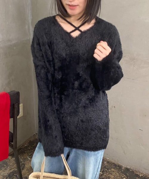 mebole(メボレ)の「クロスネックデザインセーター(ニット/セーター・レディース・カーキ/ブラック/ホワイト・FREE)」の6枚目の写真
