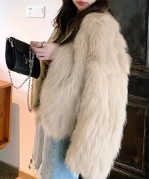 ノーカラージャケット（ベージュ系・フェイクファー）ファッション通販