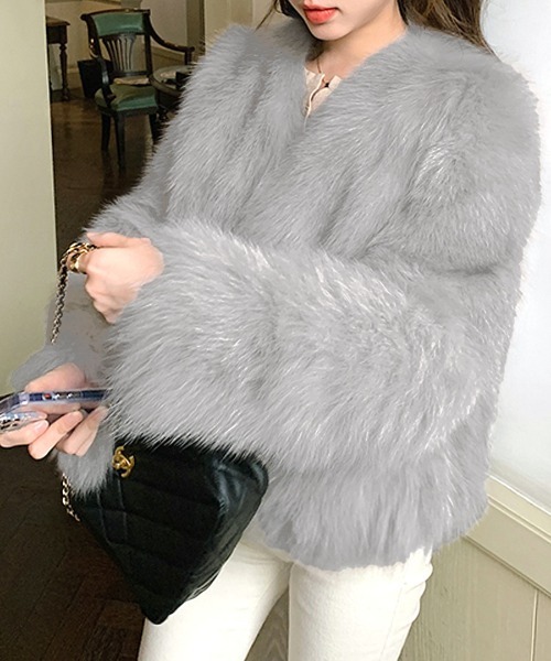 JENNE エコファーノーカラージャケット ピンク　S セール】ノーカラーエコファージャケット（ノーカラージャケット