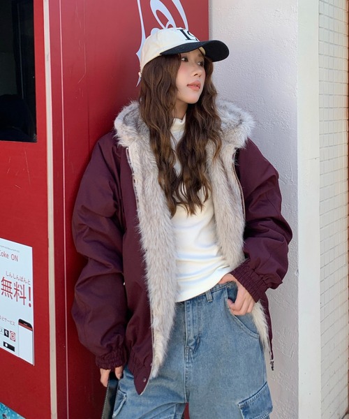 セール】【新色追加】フェイクファーフード付き 中綿ショートブルゾン