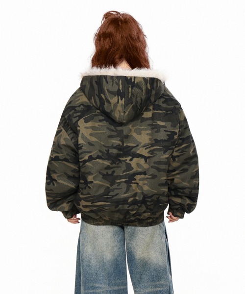 セール】【新色追加】フェイクファーフード付き 中綿ショートブルゾン