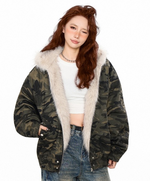 セール】【新色追加】フェイクファーフード付き 中綿ショートブルゾン