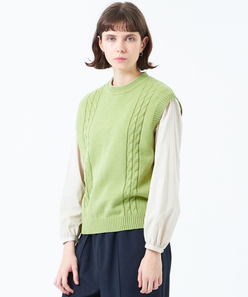 MACKINTOSH PHILOSOPHY（ﾏｯｷﾝﾄｯｼｭ ﾌｨﾛｿﾌｨｰ）の「ケーブルベスト（ベスト・レディース・ダークネイビー/グリーン/オフホワイト・38/36）」の2枚目の写真