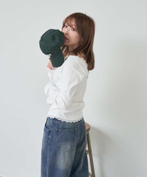 RAY CASSIN（レイカズン）の「レース付きVネックロングTシャツ（Tシャツ/カットソー・レディース・グレー/ブルー/アイボリー/ブラック系その他2・FREE）」の9枚目の写真