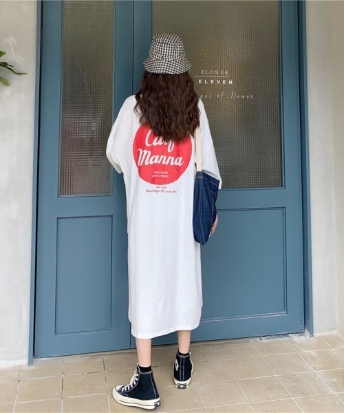 LETee(レティー)の「サークルバックプリントティーワンピース(Tシャツ/カットソー・レディース・ホワイト/ブラック/イエロー・FREE)」の1枚目の写真