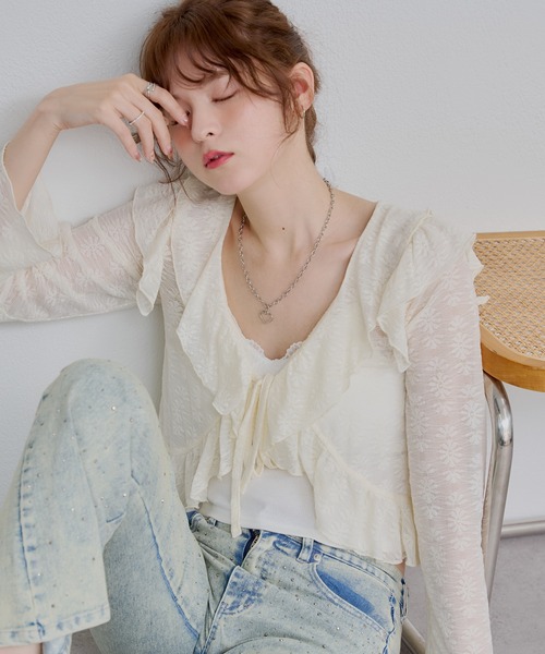 continuer de NICE CLAUP（コンティニューデナイスクラップ）の「【@re.__mi23セレクト】カットジャガードラッフルカーディガン（カーディガン/ボレロ・レディース・アイボリー/オフホワイト/ベージュ/ブラック・FREE）」の3枚目の写真