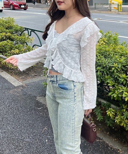 continuer de NICE CLAUP（コンティニューデナイスクラップ）の「【@re.__mi23セレクト】カットジャガードラッフルカーディガン（カーディガン/ボレロ・レディース・アイボリー/オフホワイト/ベージュ/ブラック・FREE）」の7枚目の写真