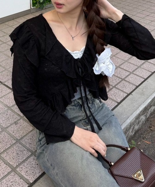 continuer de NICE CLAUP（コンティニューデナイスクラップ）の「【@re.__mi23セレクト】カットジャガードラッフルカーディガン（カーディガン/ボレロ・レディース・アイボリー/オフホワイト/ベージュ/ブラック・FREE）」の11枚目の写真