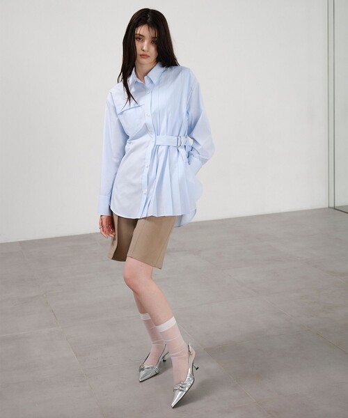 セール】ベルテッドプリーツロングシャツ｜ウォッシャブル/オフィス