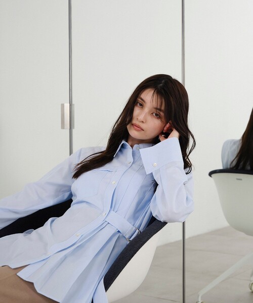 セール】ベルテッドプリーツロングシャツ｜ウォッシャブル/オフィス