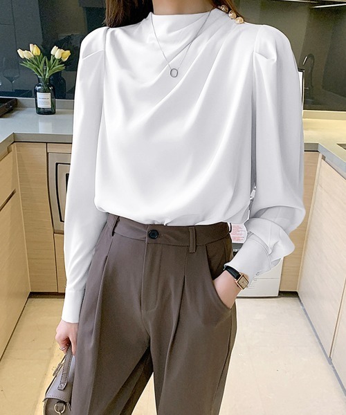 Miniministore（ミニミニストア）の「ドレープブラウス 韓国風ブラウスきれいめ（シャツ/ブラウス・レディース・ホワイト/ベージュ/ダークブルー/ミント/スモークピンク・FREE）」の17枚目の写真
