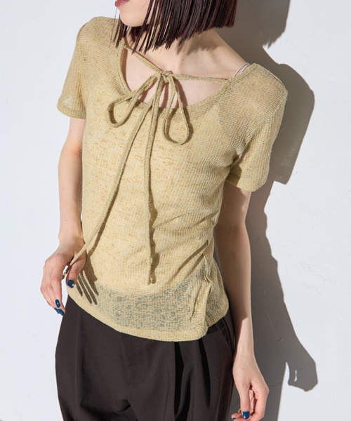 leimn（レイムン）の「チョーカー付きシアーワッフル半袖Tシャツ（Tシャツ/カットソー・レディース・ライトグリーン/ブラック・FREE）」の2枚目の写真