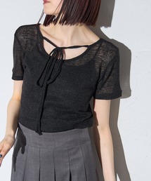 チョーカー付きシアーワッフル半袖Tシャツ