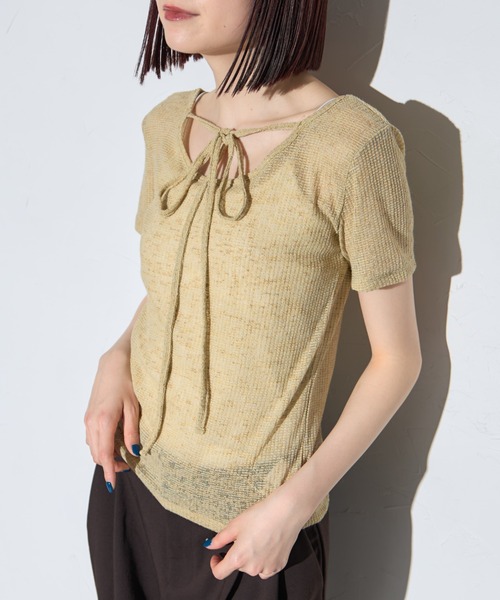 leimn（レイムン）の「チョーカー付きシアーワッフル半袖Tシャツ（Tシャツ/カットソー・レディース・ライトグリーン/ブラック・FREE）」の9枚目の写真