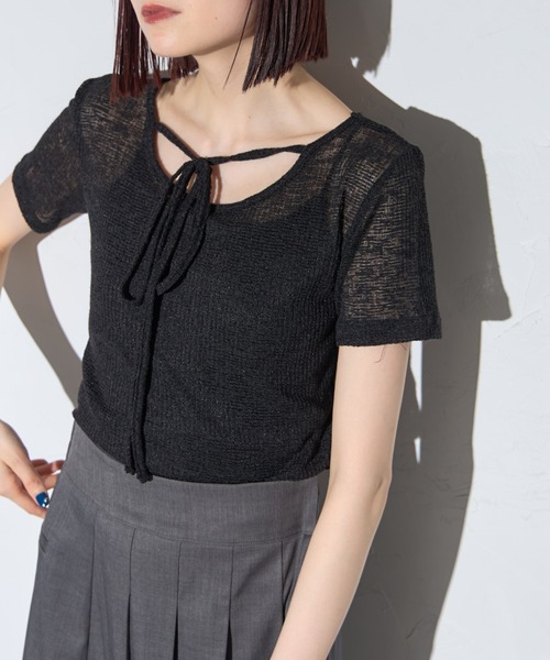 leimn（レイムン）の「チョーカー付きシアーワッフル半袖Tシャツ（Tシャツ/カットソー・レディース・ライトグリーン/ブラック・FREE）」の4枚目の写真