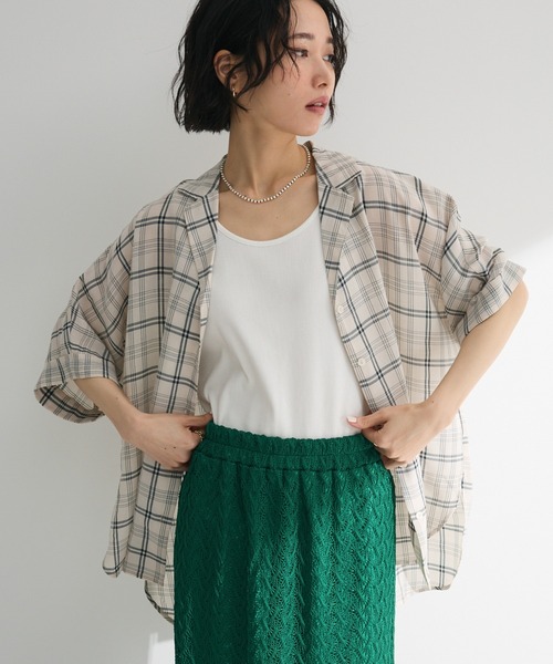 Green　Parks（グリーンパークス）の「開襟シアージャケット風シャツ（シャツ/ブラウス・レディース・グリーン/レッド/チェック/ブラック/ホワイト系その他2・FREE）」の6枚目の写真