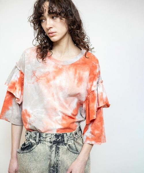 OSMOSIS（オズモーシス）の「タイダイショルダーフリルTシャツ（Tシャツ/カットソー・レディース・カーキ/オレンジ/チャコール・ONE SIZE）」の15枚目の写真