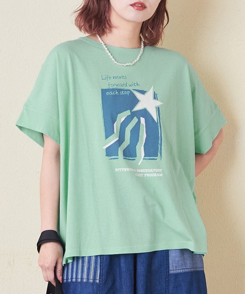 CUBE SUGAR（キューブシュガー）の「32/-OE天竺グラフィックプリントスクエアTシャツ（Tシャツ/カットソー・レディース・グリーン/ホワイト/マルチ/グレイッシュベージュ/ネイビー/イエロー・M）」の4枚目の写真