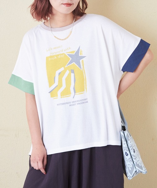 CUBE SUGAR（キューブシュガー）の「32/-OE天竺グラフィックプリントスクエアTシャツ（Tシャツ/カットソー・レディース・グリーン/ホワイト/マルチ/グレイッシュベージュ/ネイビー/イエロー・M）」の6枚目の写真