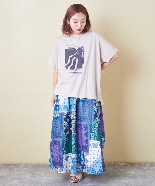 CUBE SUGAR（キューブシュガー）の「32/-OE天竺グラフィックプリントスクエアTシャツ（Tシャツ/カットソー・レディース・グリーン/ホワイト/マルチ/グレイッシュベージュ/ネイビー/イエロー・M）」の10枚目の写真