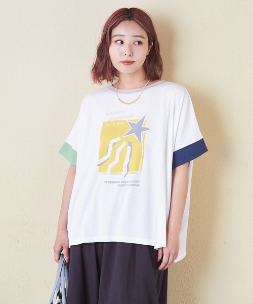CUBE SUGAR（キューブシュガー）の「32/-OE天竺グラフィックプリントスクエアTシャツ（Tシャツ/カットソー・レディース・グリーン/ホワイト/マルチ/グレイッシュベージュ/ネイビー/イエロー・M）」の16枚目の写真