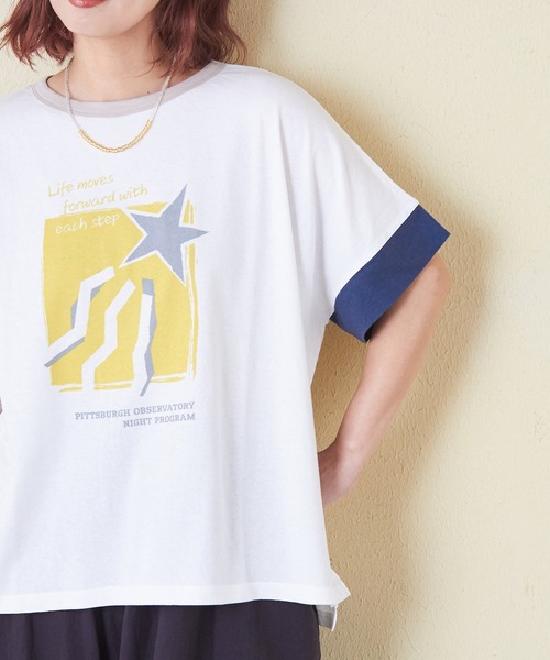 CUBE SUGAR（キューブシュガー）の「32/-OE天竺グラフィックプリントスクエアTシャツ（Tシャツ/カットソー・レディース・グリーン/ホワイト/マルチ/グレイッシュベージュ/ネイビー/イエロー・M）」の19枚目の写真