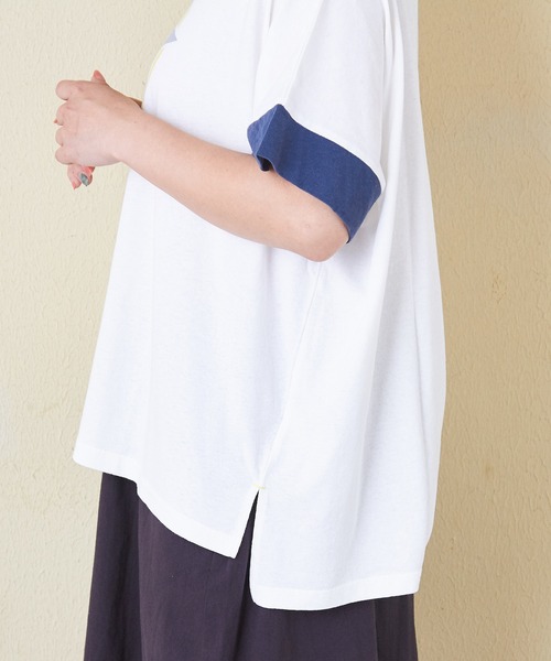 CUBE SUGAR（キューブシュガー）の「32/-OE天竺グラフィックプリントスクエアTシャツ（Tシャツ/カットソー・レディース・グリーン/ホワイト/マルチ/グレイッシュベージュ/ネイビー/イエロー・M）」の20枚目の写真