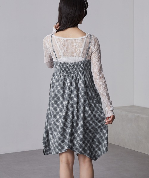 nui nullu】チェック柄 サイドシャーリング アシメ ミニキャミ