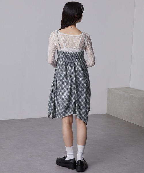 nui nullu】チェック柄 サイドシャーリング アシメ ミニキャミ