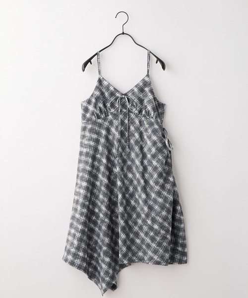 nui nullu】チェック柄 サイドシャーリング アシメ ミニキャミ