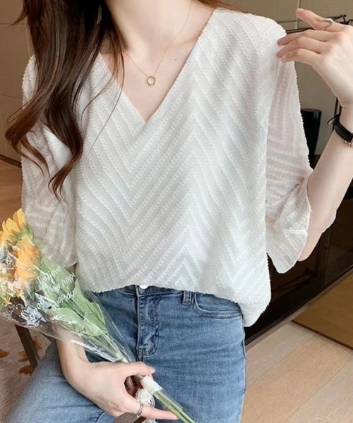Beststore(ベストストア)の「Vネックシフォンブラウス カジュアル レースブラウス(シャツ/ブラウス・レディース・ブラック/ホワイト/ピンク/ネイビー・FREE)」の6枚目の写真