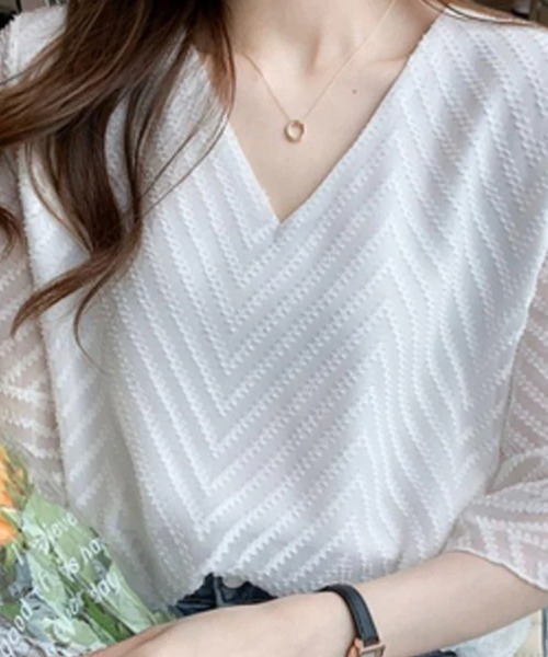 Beststore(ベストストア)の「Vネックシフォンブラウス カジュアル レースブラウス(シャツ/ブラウス・レディース・ブラック/ホワイト/ピンク/ネイビー・FREE)」の7枚目の写真