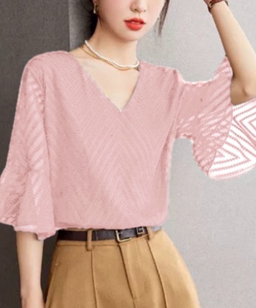 Beststore(ベストストア)の「Vネックシフォンブラウス カジュアル レースブラウス(シャツ/ブラウス・レディース・ブラック/ホワイト/ピンク/ネイビー・FREE)」の18枚目の写真