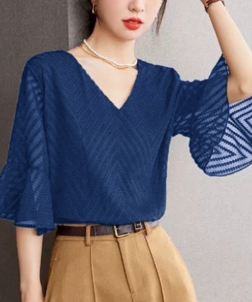 Beststore(ベストストア)の「Vネックシフォンブラウス カジュアル レースブラウス(シャツ/ブラウス・レディース・ブラック/ホワイト/ピンク/ネイビー・FREE)」の14枚目の写真