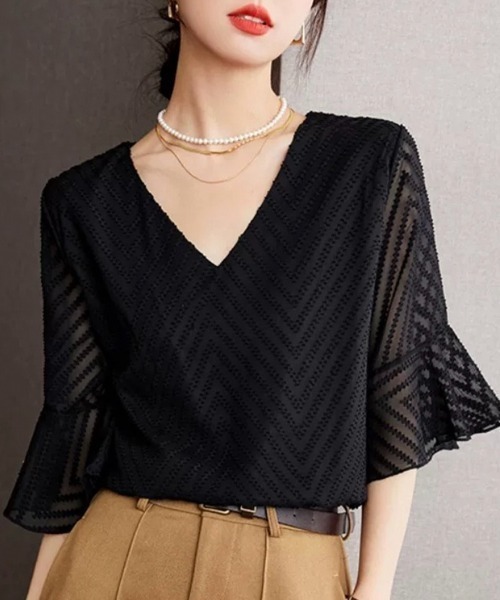 Beststore(ベストストア)の「Vネックシフォンブラウス カジュアル レースブラウス(シャツ/ブラウス・レディース・ブラック/ホワイト/ピンク/ネイビー・FREE)」の11枚目の写真