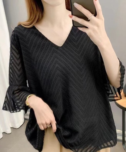 Beststore(ベストストア)の「Vネックシフォンブラウス カジュアル レースブラウス(シャツ/ブラウス・レディース・ブラック/ホワイト/ピンク/ネイビー・FREE)」の10枚目の写真
